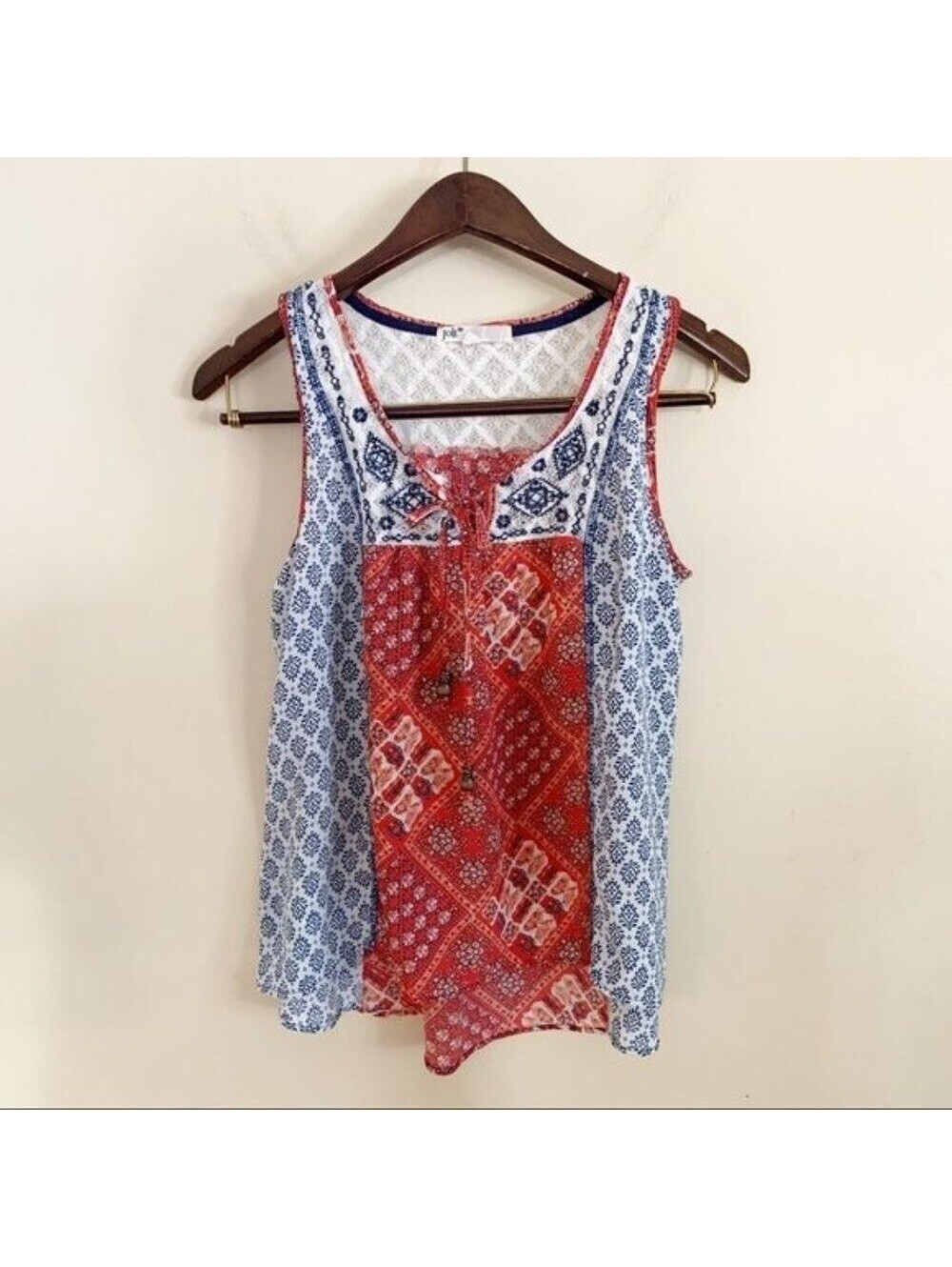 Jolt Tank Top Womens Medium Red Blue Mixed Print Lace Back Boho Patchwork - Picture 4 of 6